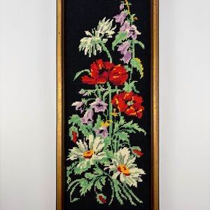 Vintage Framed Floral Needlepoint Black Red Green Poppies 20 x 8 inch Vertical